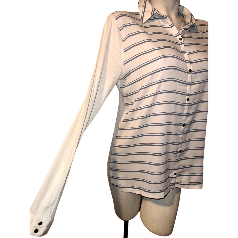 Ann Taylor Striped Button Up Shirt Women's Size L Long Sleeve Collared Top Blue - Picture 3 of 9